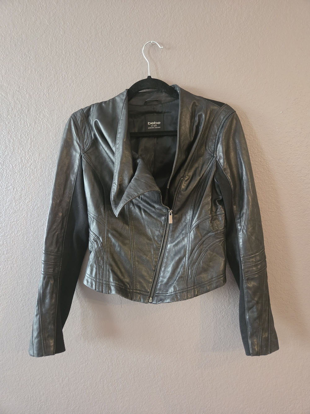 bebe Black Asymmetrical Zip Genuine Leather Moto Jacket
